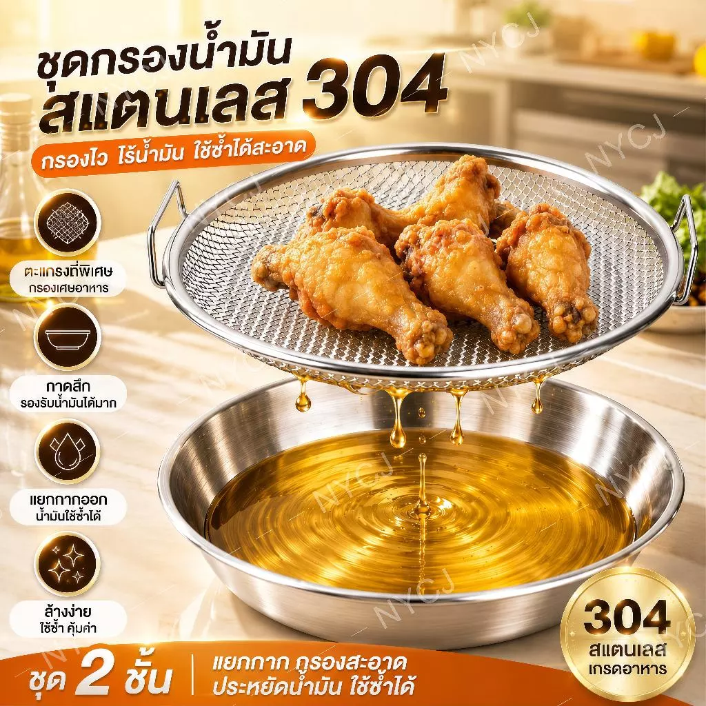 2in1ตะแกรง+ถาดรองน้ำมัน จานวางของทอด มี2ขนาด วัสดุสแตนเลส ทนความร้อนสูง ไม่เป็นสนิม ตะแกรงอเนกประสงค์