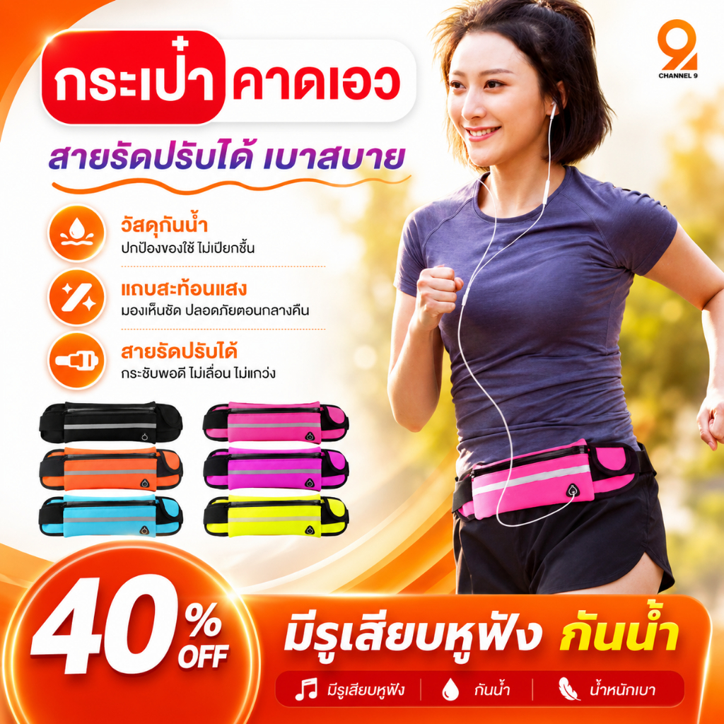 กระเป๋าวิ่ง ออกกำลังกาย มีรูสายหูฟัง กันน้ำ ใส่โทรศัพท์ จุของได้เยอะ