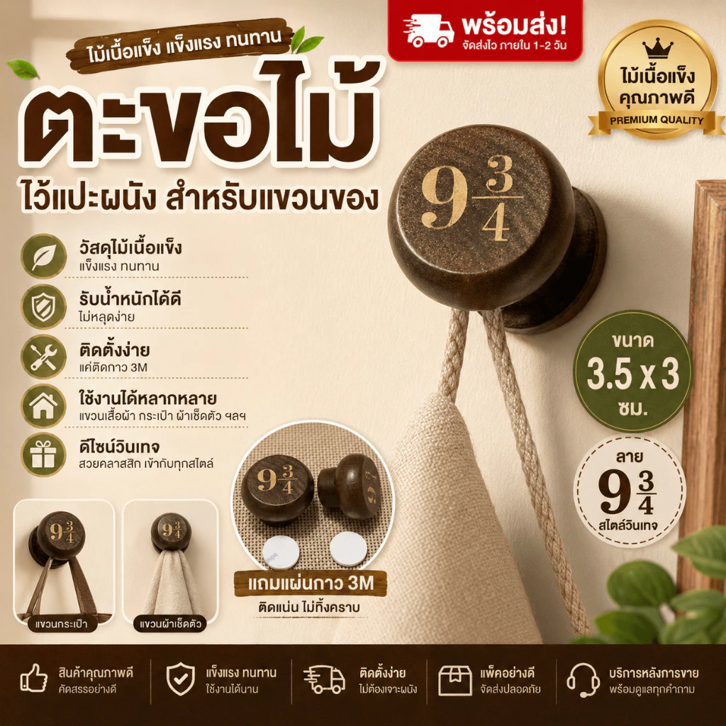 🔥 พร้อมส่ง 🇹🇭 🔥 🪵 ที่แขวนผนังไม้สไตล์วินเทจ 9¾ – แปะง่าย ไม่ต้องเจาะผนัง