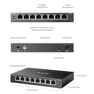 TP-LINK ES208GP Omada 8-Port Gigabit Easy Managed Switch with 8-Port PoE+ จัดการผ่านแอป ส่งไกล 250m - Lifetime Warranty