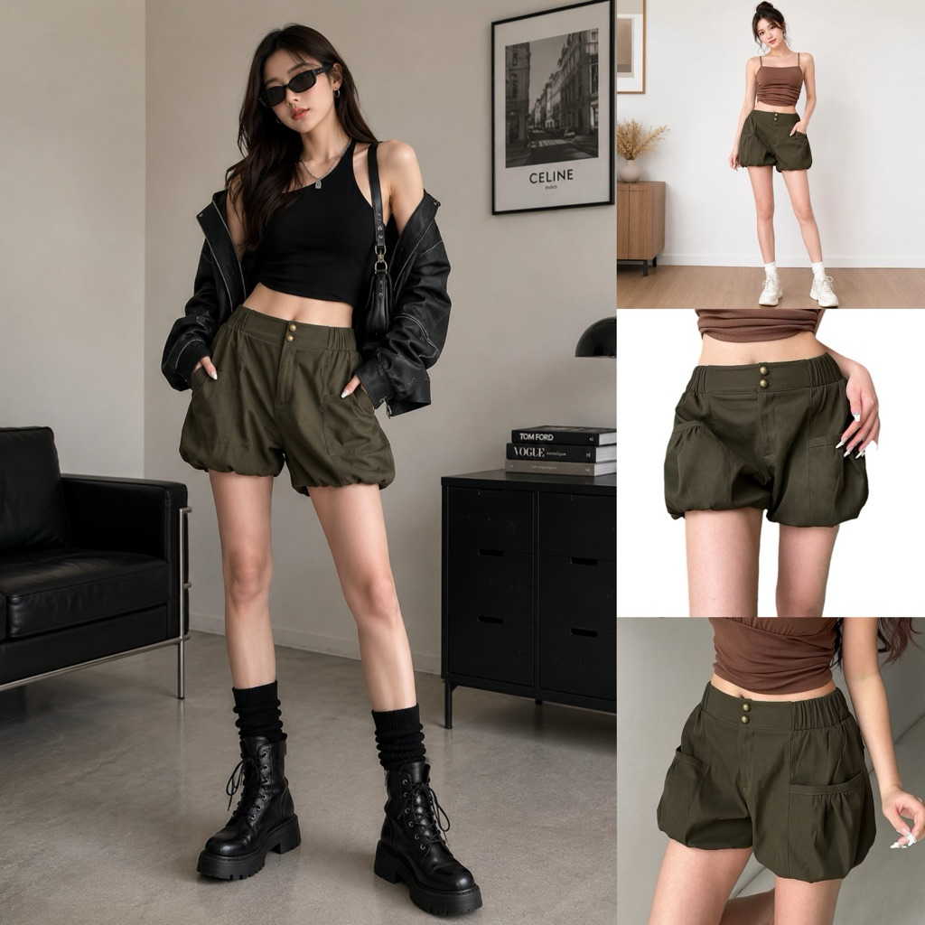 กางเกงขาสั้น ทรงบับเบิ้ล (Bubble Shorts) เอวยางยืดใส่สบาย มีกระเป๋าข้าง 2 ฝั่ง