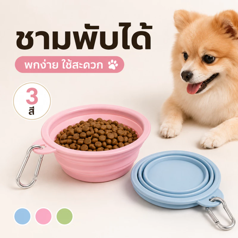 ชามซิลิโคนพับได้ ชามอาหารสัตว์เลี้ยง 350ml แบบพกพา พร้อมห่วงคล้อง ใส่น้ำอาหาร สำหรับหมาแมว