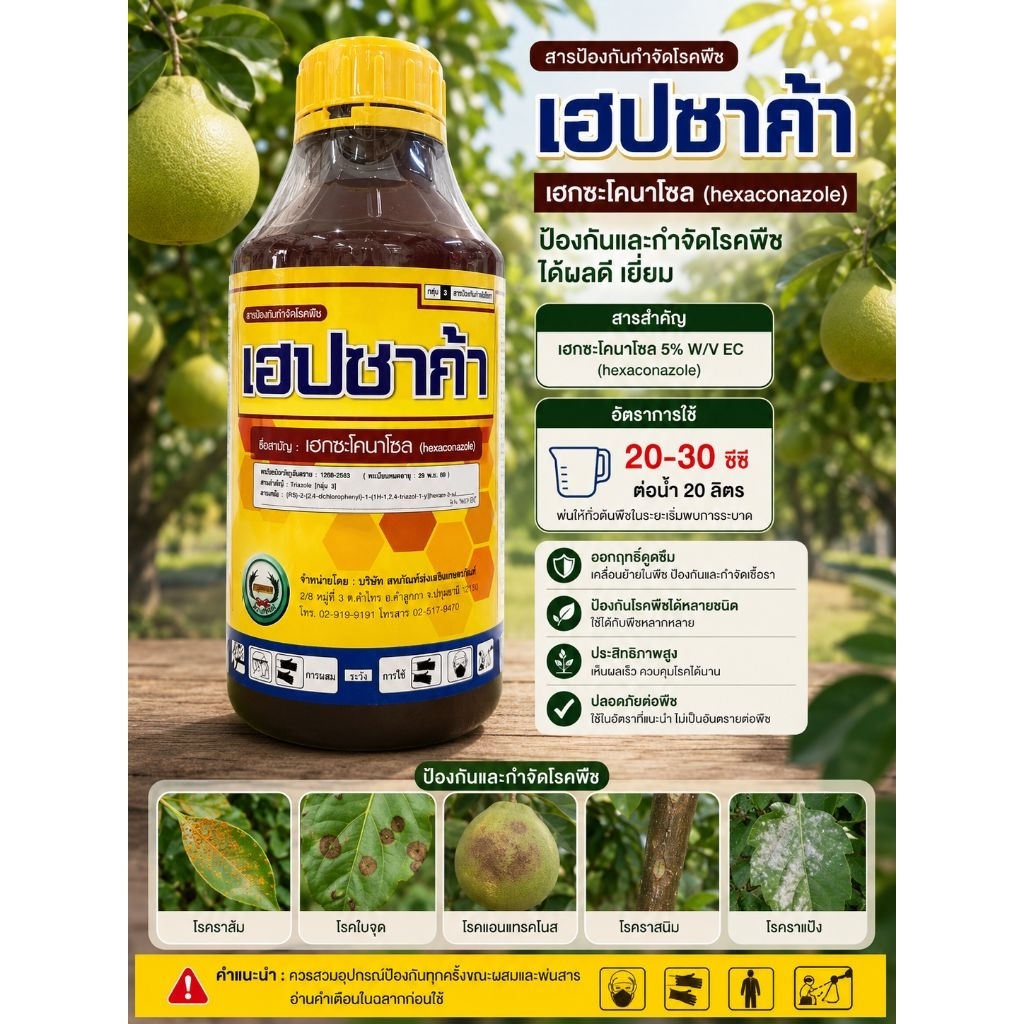 เฮปซาก้า 1 ลิตร เฮกซะโคนาโซล 5%SC หวีทอง ราแป้ง ราดำ แอนแทรทคโนส เน่า ใบจุด เมล็ดด่าง สูตรเย็น