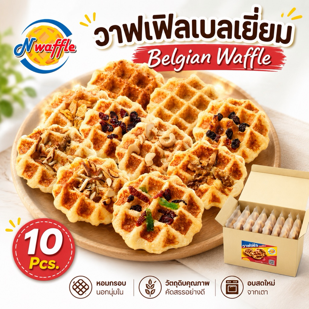 N Waffle ขนมวาฟเฟิลเบลเยี่ยมพร้อมทาน แพค 10 ชิ้น เนื้อนุ่ม หอมเนยแท้ ผลิตสดใหม่ตามออเดอร์