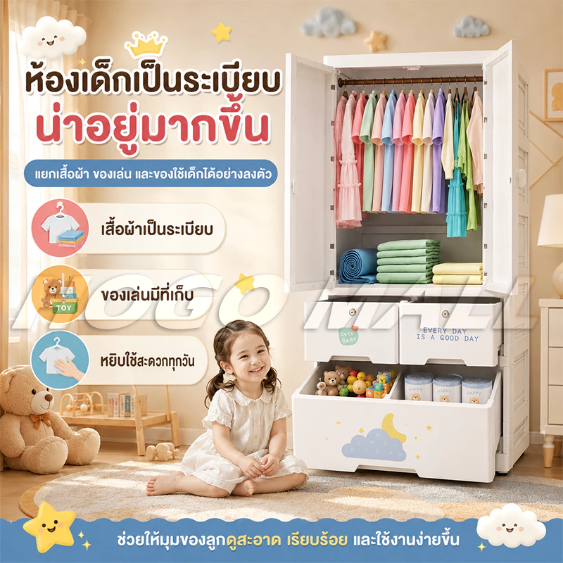 HOGO ตู้เสื้อผ้าเด็ก พับเก็บได้ ตู้เสื้อผ้า ตู้เก็บของ ลายการ์ตูน พร้อมล้อเลื่อน ประตูคู่ ลิ้นชัก thumbnail 4