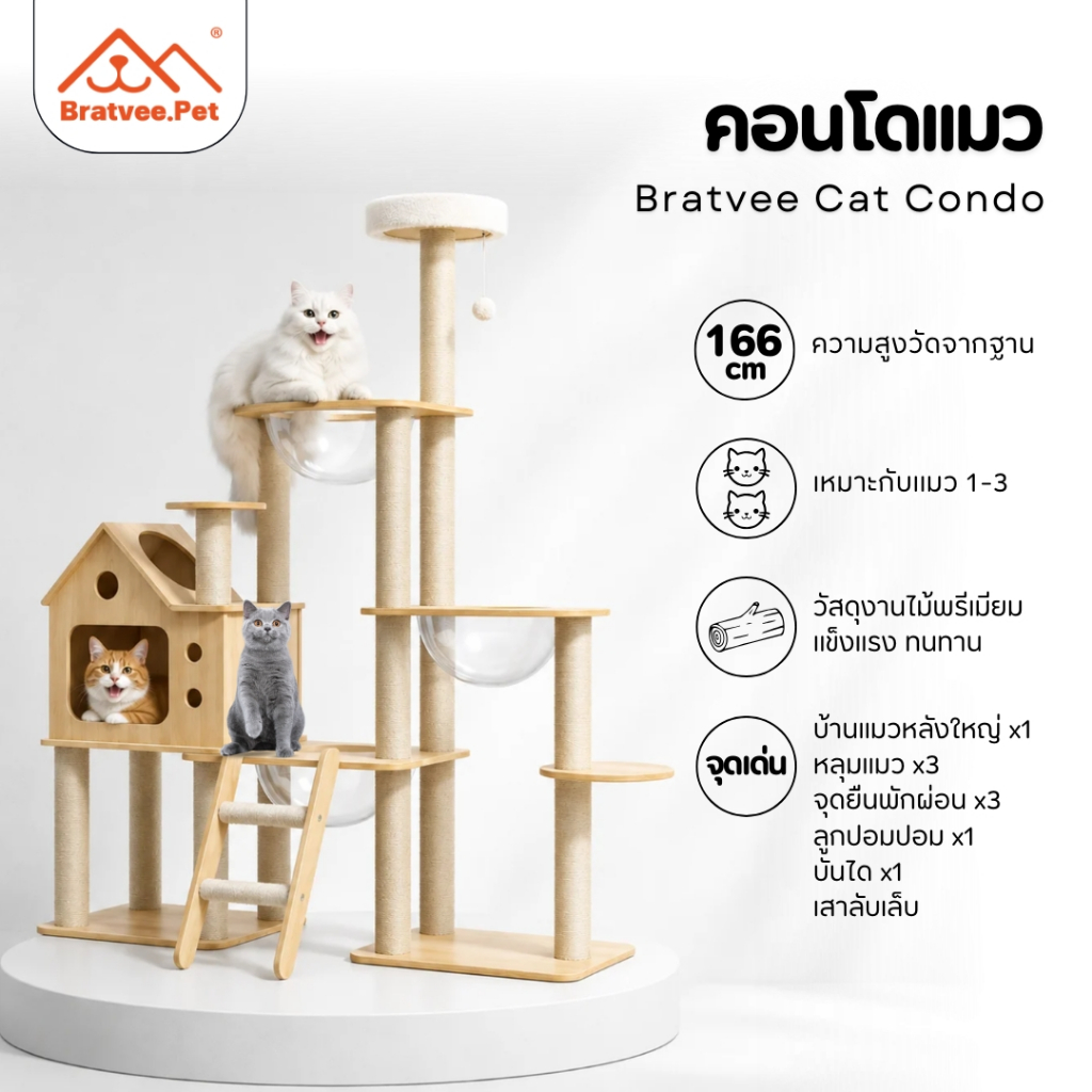 [Bratvee] คอนโดแมว บ้านแมว ขนาดใหญ่ งานไม้อัดพรีเมียม พร้อมหลุมนอน 2 หลุม คอนโดสัตว์เลี้ยง