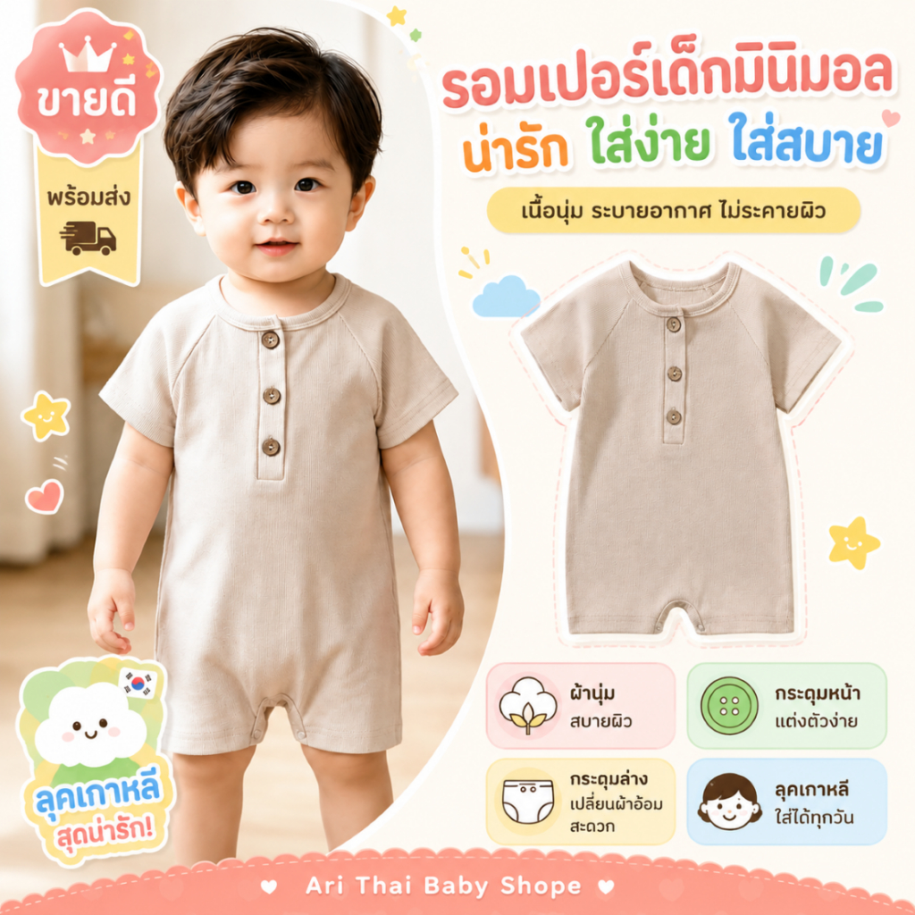 รอมเปอร์มินิมอลเด็กแขนสั้น ผ้านุ่มสบาย กระดุมหน้า+ล่างเปลี่ยนผ้าอ้อมง่าย