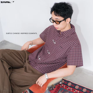ZAMIO Lattice shirt เสื้อเชิ้ตแขนสั้นทรง boxy กระดุมตะขอจีน