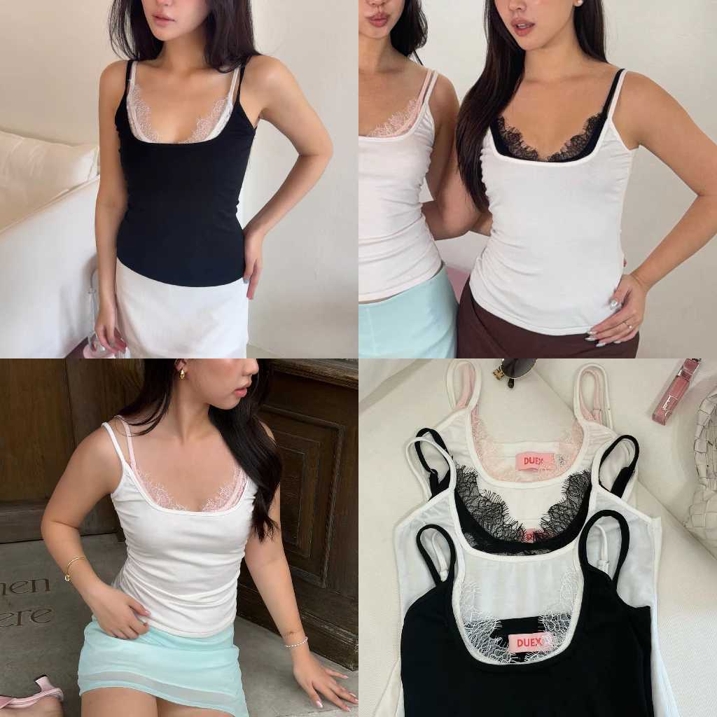 Kelly top by Duex Studio (XS-2XL) สายเดี่ยวผ้ายืดดีเทลลูกไม้ 2layers