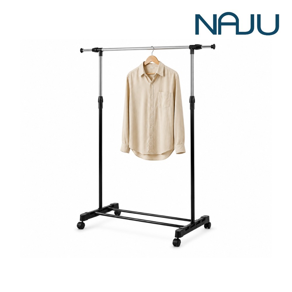 Naju ราวตากผ้าสแตนเลส ราวแขวนเสื้อผ้า 1 ชั้น พับได้ มีล้อเลื่อน แข็งแรง ทนสนิม ใช้ในบ้าน/นอกบ้าน ประหยัดพื้นที่