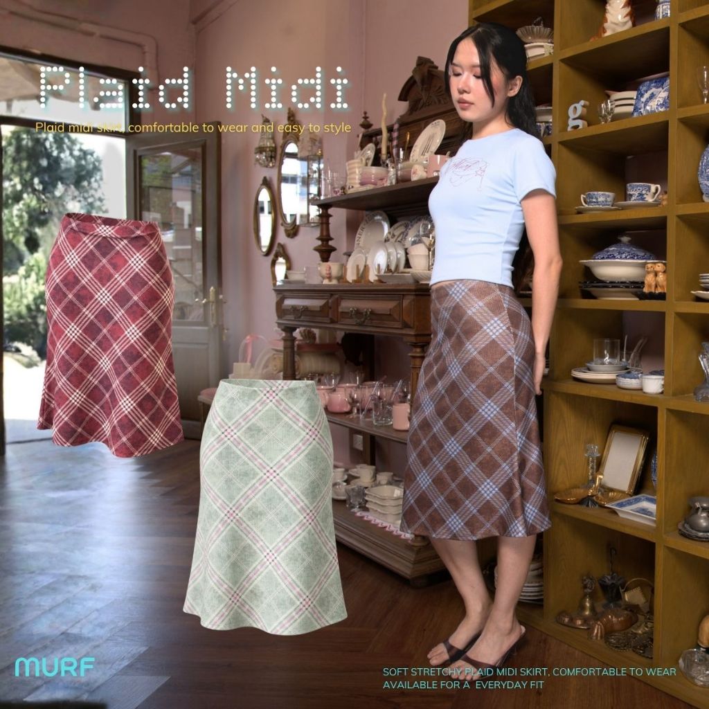 Plaid Midi Skirt | กระโปรงมิดิลายสก็อต ผ้ายืดนุ่ม ใส่สบาย มีไซส์ให้เลือก | MURF.BKK | B209