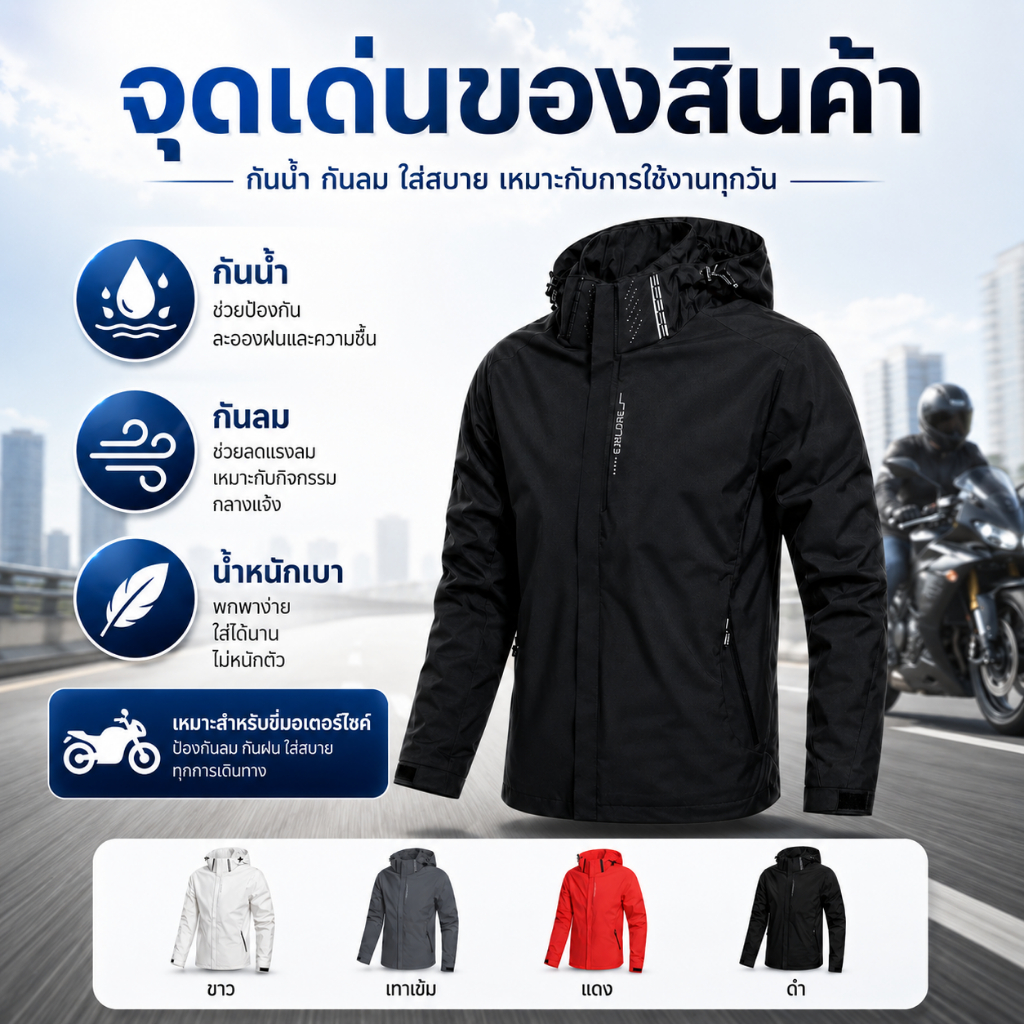 เสื้อแจ็คเก็ตผู้ชาย กันลมกันน้ำ มีฮู้ด น้ำหนักเบา ระบายอากาศดี ใส่ขี่มอเตอร์ไซค์ เดินป่า แฟชั่นเกาหลี