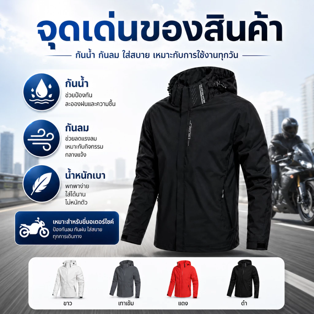 เสื้อแจ็คเก็ตผู้ชาย กันลมกันน้ำ มีฮู้ด น้ำหนักเบา ระบายอากาศดี ใส่ขี่มอเตอร์ไซค์ เดินป่า แฟชั่นเกาหลี