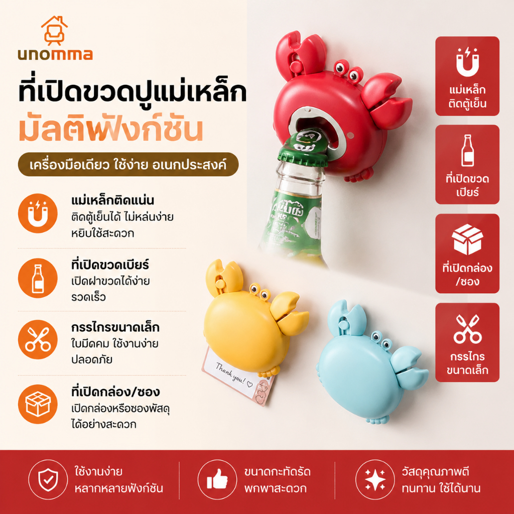 COD 3in1 Kitchen Tool ที่เปิดขวดรูปปู Crab Design แม่เหล็กติดตู้เย็น Bottle Opener กรรไกร ที่ตัดกล่อง unomma