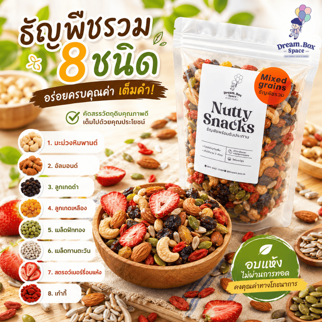 ธัญพืชรวม 8 ชนิด ธัญพืชรวมมิตร ขนาด120, 250 กรัม ถั่วรวมมิตร พร้อมทาน เต็มเมล็ดใหญ่ เกรดAAA