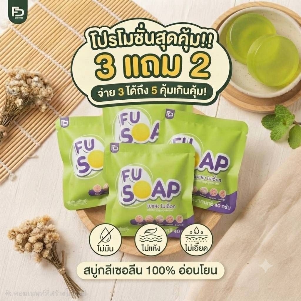 สบู่ฟู่สบู่สิว 3 ก้อน แถม 2 ก้อน เนื้อสัมผัสกลีเซอรีน 100% ไม่แห้ง ไม่เอี๊ยด