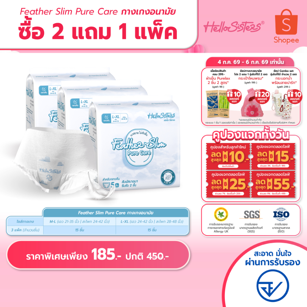 [เลือกไซส์เลย] ซื้อ 2 แถม 1 Feather Slim Pure Care HelloSisters เฮลโล ซิสเทอะ ผ้าอนามัยแบบกางเกง M-L / L-XL จำนวน 15 ชิ้