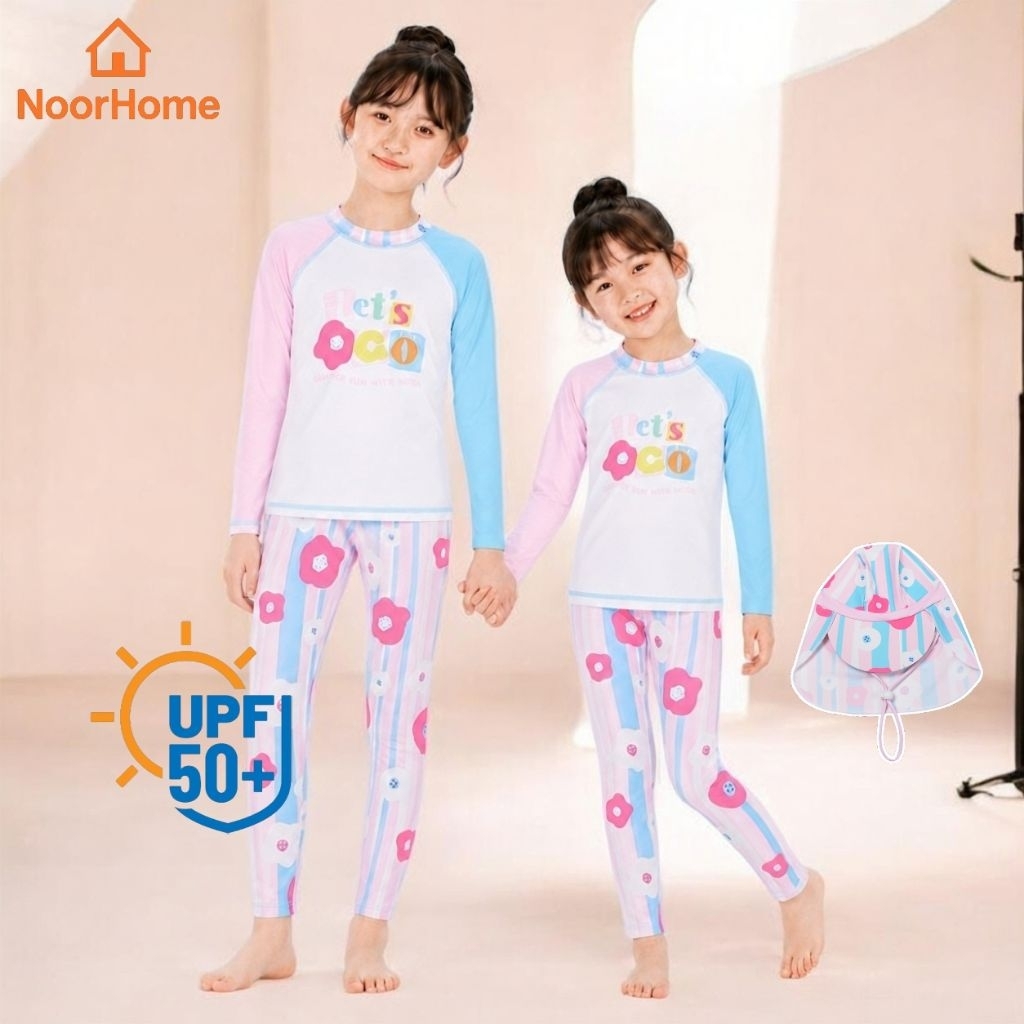 🌸 ชุดว่ายน้ำเด็ก แขนยาว ขายาว พร้อมหมวก กัน UV ลายดอกไม้ พาสเทล สวยน่ารัก [90-170]