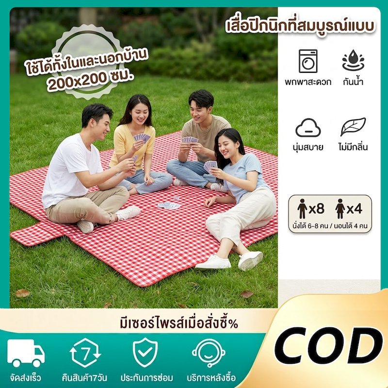เสื่อแคมป์ปิ้งปิกนิก ผ้าหนากันน้ำ ทนทานซักได้ พับพกง่าย มีหลายลายหลายไซส์เลือกใช้