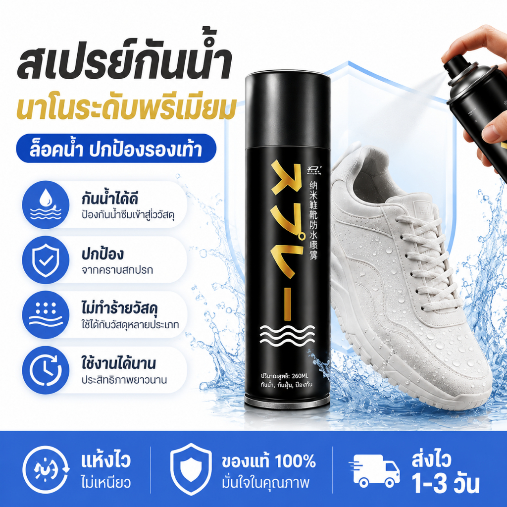 พร้อมส่ง สเปรย์กันน้ำนาโน เคลือบกันน้ำคราบสกปรก สำหรับรองเท้า เสื้อผ้า กระเป๋า ผ้าใบหนัง สูตรอ่อนโยน ไม่ทิ้งคราบขาว
