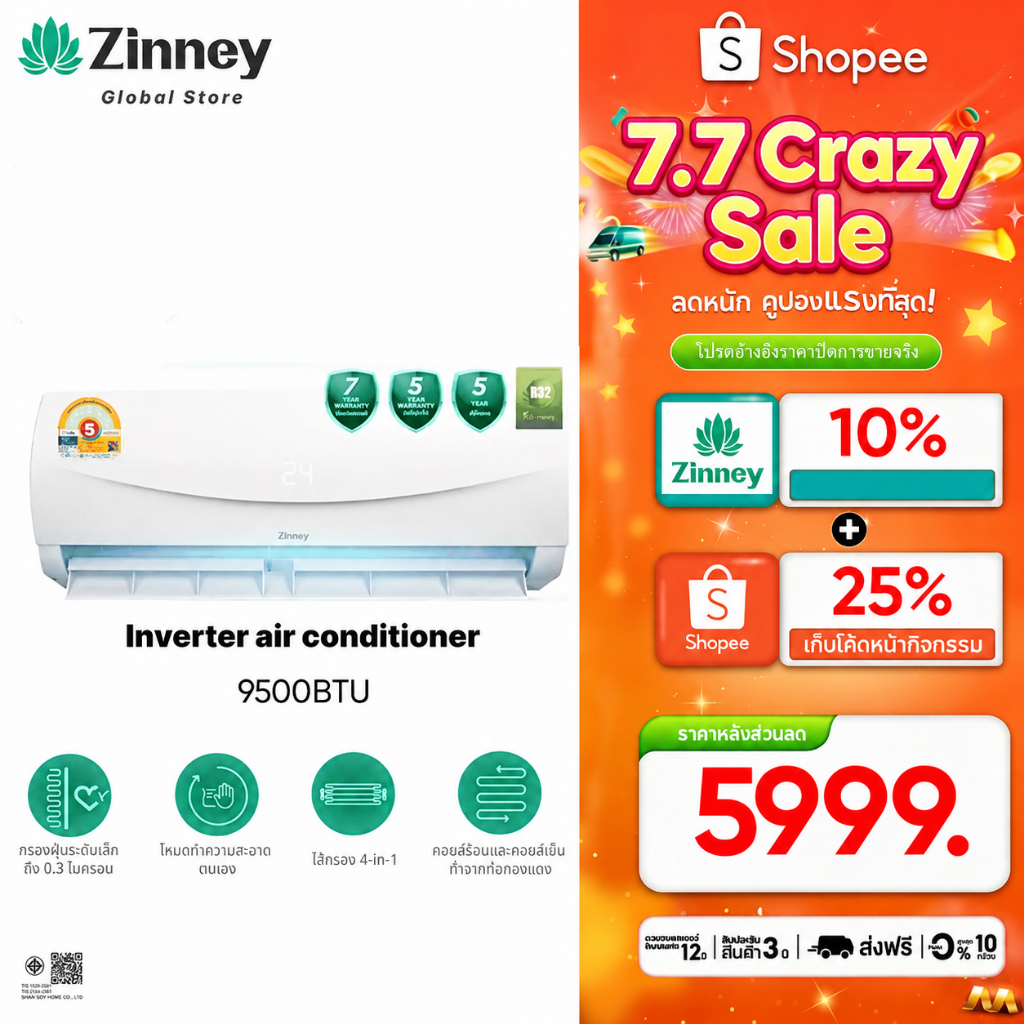 Zinney แอร์ติดผนัง 9500BTU Inverter ขนาด ZAC-BP09A