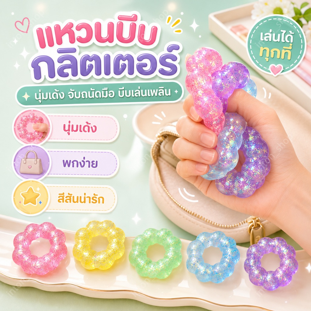 สกุชชี่โดนัท ของเล่นคลายเครียดรูปโดนัทสีสันสดใส รูปทรงโดนัทพอลเดอะริง นุ่มเด้ง มีกลิตเตอร์ มีหลากสี