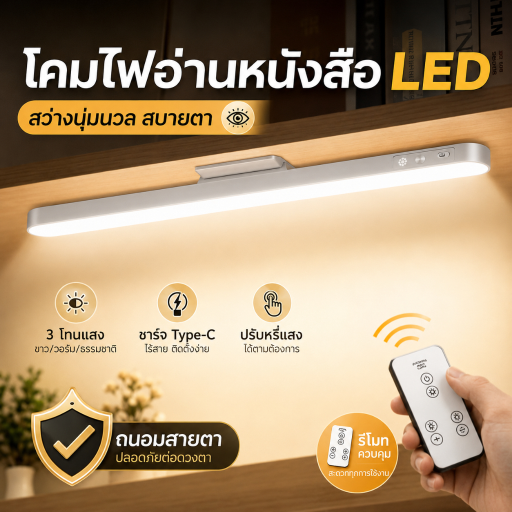 โคมไฟ LED ติดใต้ตู้ ไร้สาย รีโมทคอนโทรล ปรับแสงได้ 3 สี ชาร์จ USB Type-C ประหยัดพลังงาน ดีไซน์มินิมอล สำหรับครัว/ห้องนอน