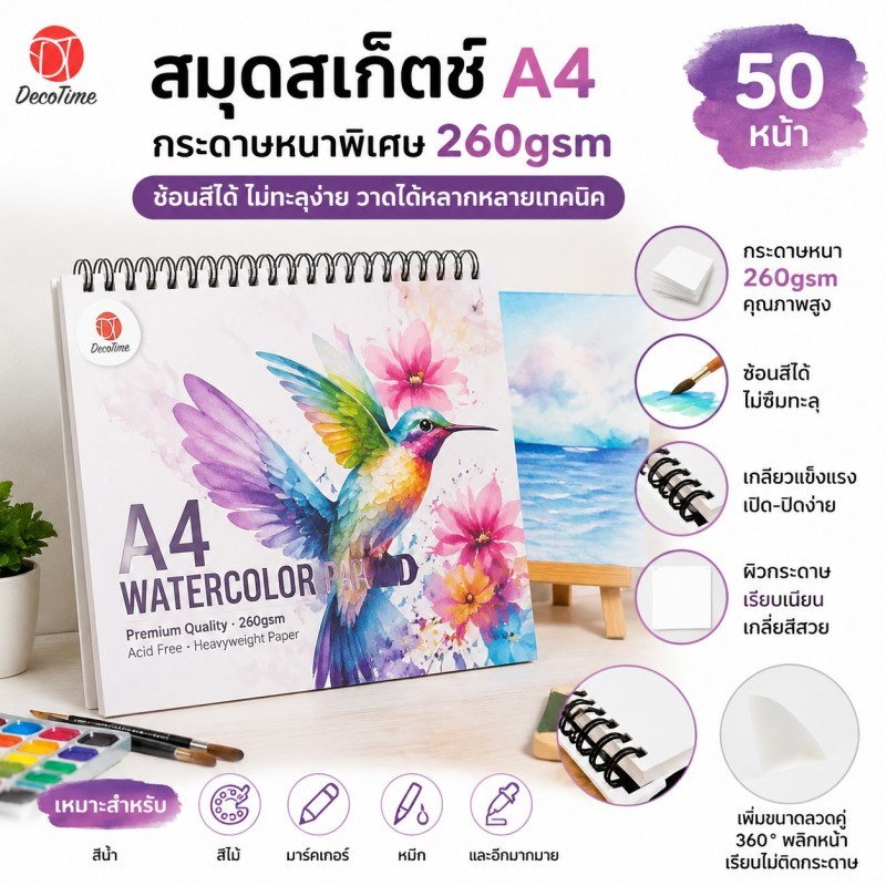 Deco Time สมุดสเก็ตช์ สมุดวาดรูป มุดร่าง 50 หน้า 260gsm A4 เกลียว าร์คเบิร์น ระดาษหนา การซ้อนสีซ้ำได้ ไม่ทะลุง่าย