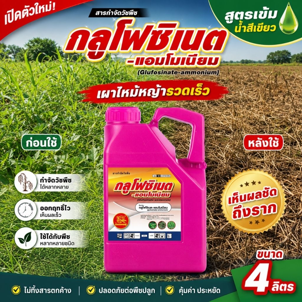 กลูโฟซิเนต ตราม้าทองเศรษฐี 4ลิตร สูตรเข้มพิเศษ น้ำสีเขียว กล.ชมพู คุณภาพสูง เผาไหม้หญ้ารวดเร็ว เห็นผลไว กำจัดหญ้าทุกชนิด
