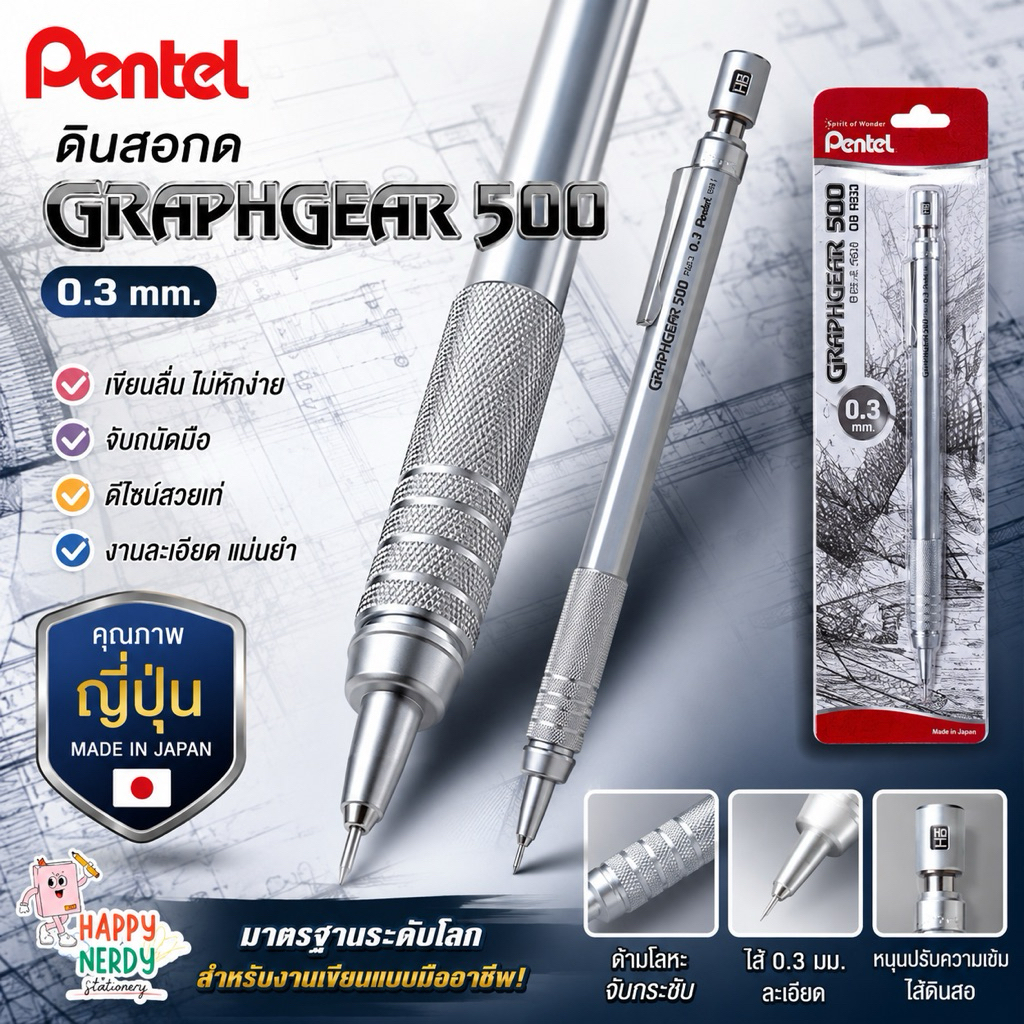 Pentel ดินสอกด รุ่น GraphGear No.PG-513 0.3 มม. ดินสอกดด้ามเหล็ก เพนเทล