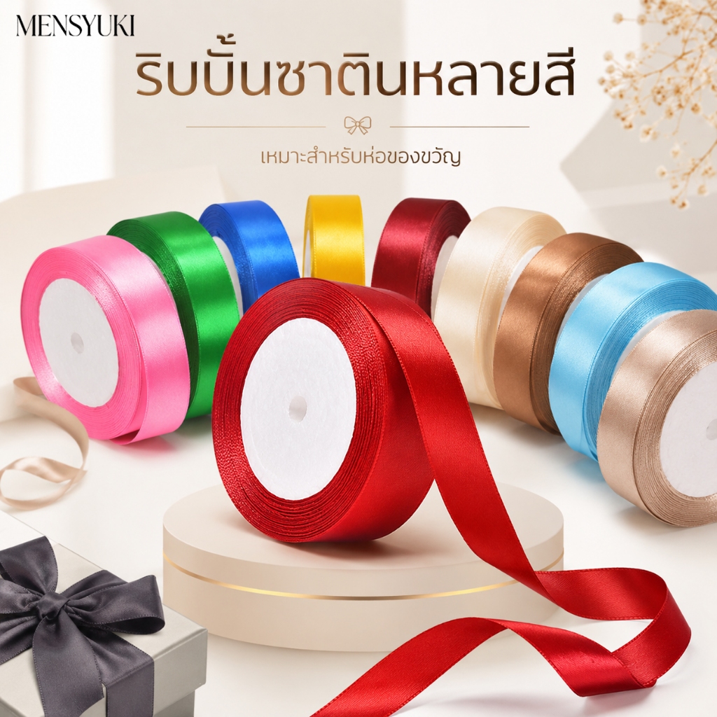 ริบบิ้นม้วนสีพาสเทล ริบบิ้นซาตินเงาสวย เหมาะสำหรับตกแต่งของขวัญ