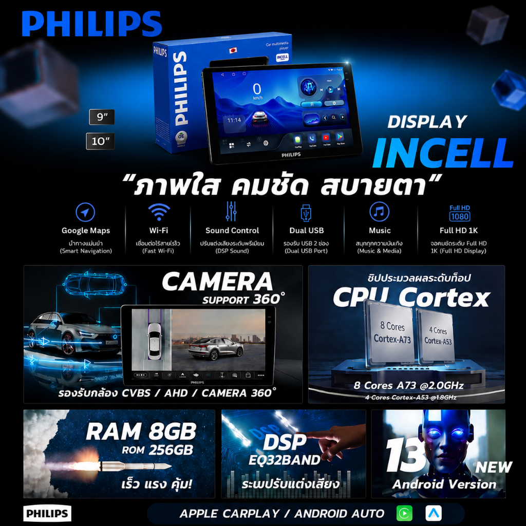 จอแอนดรอยด์ PHILIPS 9 นิ้ว 10 นิ้ว Android Auto Apple CarPlay DSP EQ32Band GPS YouTube WiFi Bluetoot