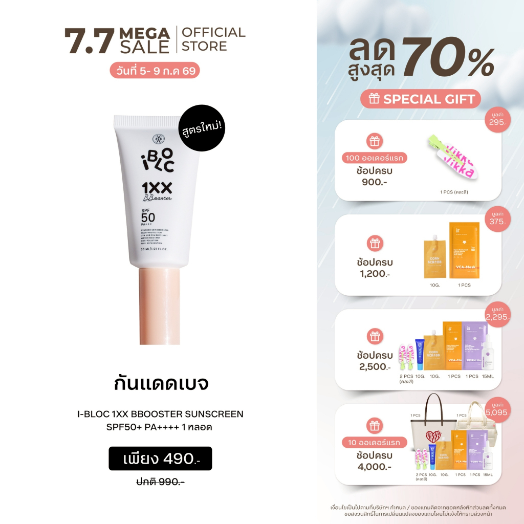 VIKKA SKINCARE  IBLOC 1XX BBOOSTER 30ML SPF50+ PA++++ กันแดดเนื้อบางเบา  | สูตรฟื้นผิว +  ปกป้อง HEV + คนเป็นสิวใช้ได้