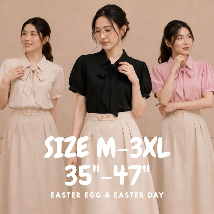 E19 เสื้อทํางานผู้หญิง แขนสั้น แต่งเชือกผูก สไตล์มินิมอล ทรงน่ารักมาก Easter Egg