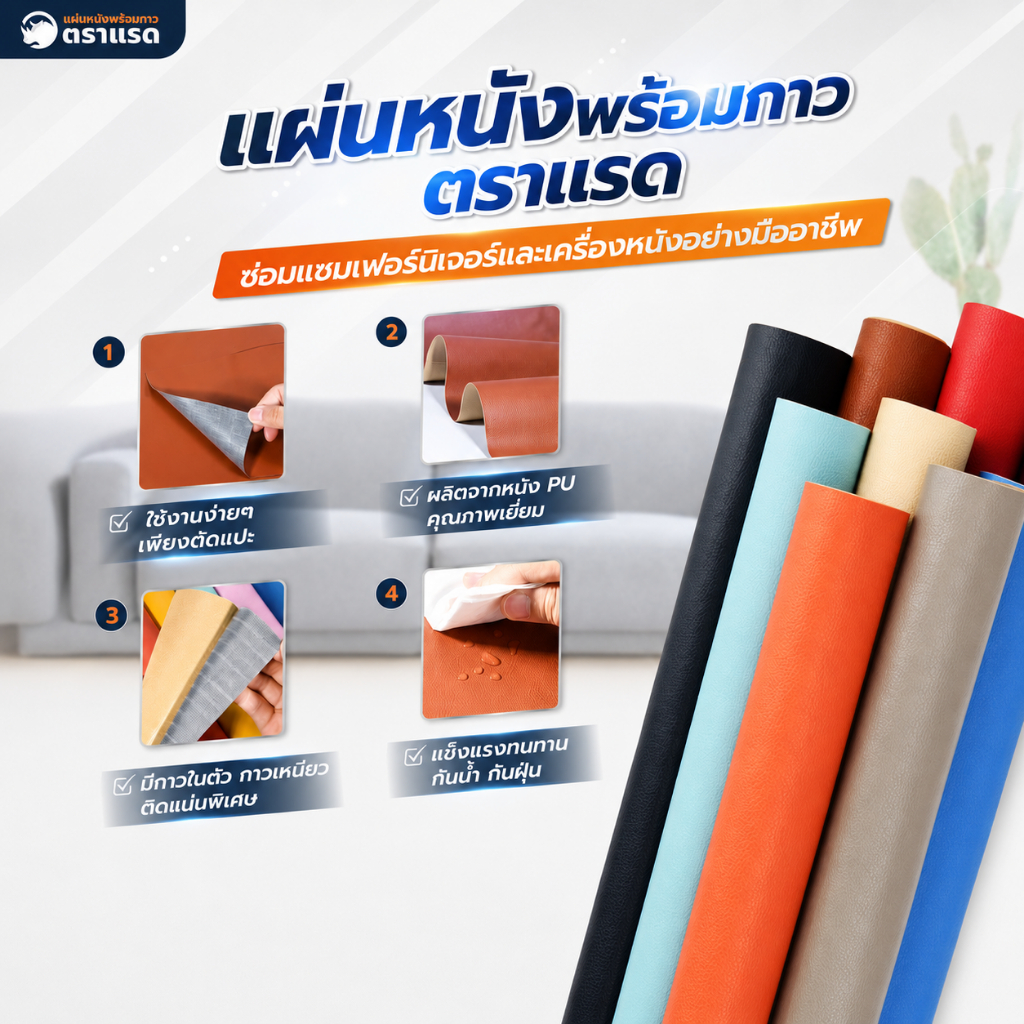แผ่นหนังมีกาวในตัวตราแรด ซ่อมโซฟา ซ่อมเก้าอี้ แผ่นหนัง PU