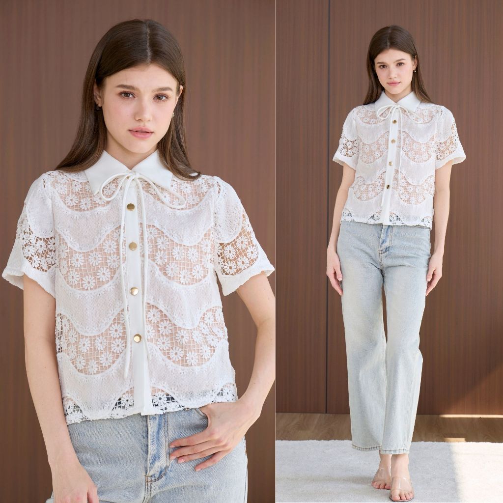 Cheryl brand - Rivera Top in White Daisy Floral Stripe Lace / เสื้อเบลาส์ผ้าลูกไม้ลายดอกไม้