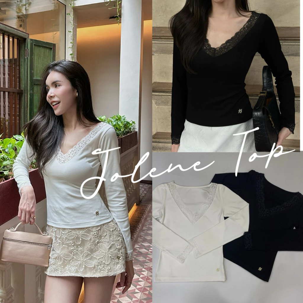 Jolene Top ( โจลีน ) เสื้อแขนยาวคอวีแต่งลูกไม้