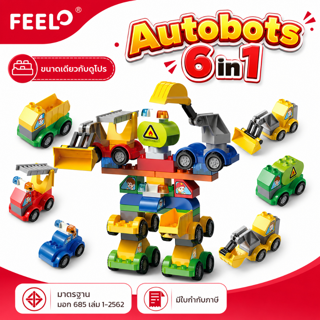 FEELO Autobots 6 in 1 ของเล่นตัวต่อ ตัวต่อขนาดใหญ่ หุ่นยนต์รวมร่าง ของเล่นเสริมพัฒนาการ ไม่พร้อมเพลท