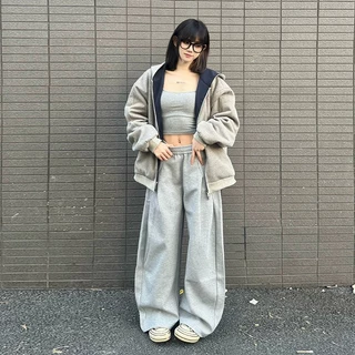 SHEESHกางเกงลำลองขากว้าง unisex สไตล์เกาหลีญี่ปุ่น เอวยางเชือกดึง กระเป๋าข้างใหญ่ ผ้านุ่ม สีเทาดำ ไซส์M-3XL ใส่ทำงานสบาย