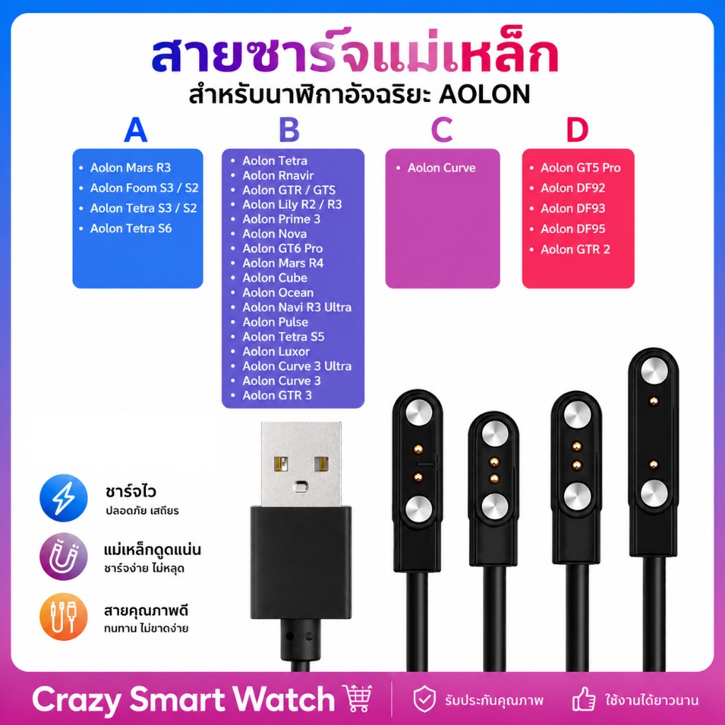 Aolon smartwatch Charger สายชาร์จ CURVE/NAVI R3/GTR/GT5 PRO/FOOM LITE/TETRA R2/GTS3/DF93/MARS R3