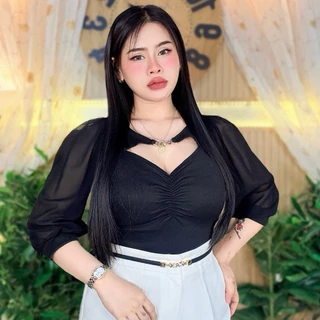 พร้อมจัดส่ง**เสื้อสาวอวบ อก38-46ยาว23 เว้าหน้าแต่งอะไรแขนชีฟองดูดีมาก**รุ่น เว้าย่นหน้าแขนชีฟอง**