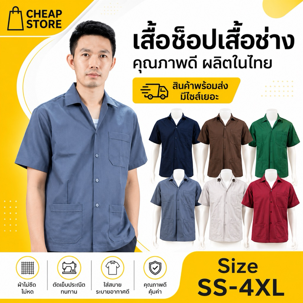 เสื้อช็อป เสื้อช่าง ผ้าโทเร งานคุณภาพ ราคาถูก ส่งเร็ว ส่งทุกวัน