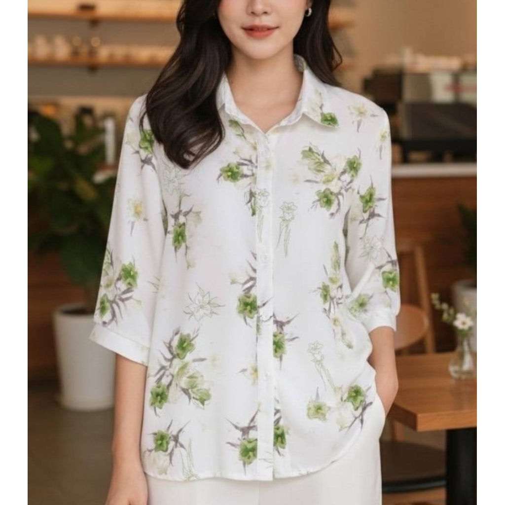 เสื้อคุณผู้หญิงแขนสามส่วน ผ้าชีฟองเกาหลีเนื้อนิ่มเนียน โทนสีสวยใส่สบายมาก#พร้อมส่ง#ลายดอก#ราคาพิเศษ#เชิ้ตผู้ใหญ่