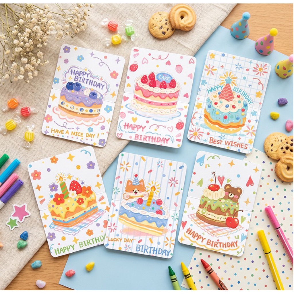 แบบ R6: การ์ดอวยพรวันเกิด Happy Birthday Card การ์ดเค้กวันเกิด ป๊อปอัพ การ์ดอวยพรตั้งได้ การ์ดวันเกิดราคาถูก