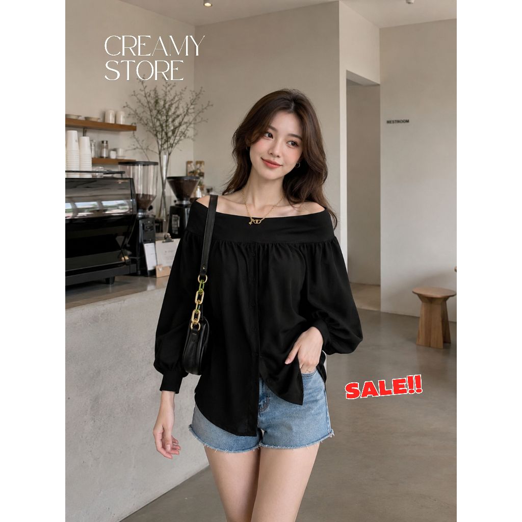 CreamyStore เสื้อเชิ้ตเปิดไหล่แขนยาว สีดำ งานป้ายPrisana เสื้อปาดไหล่