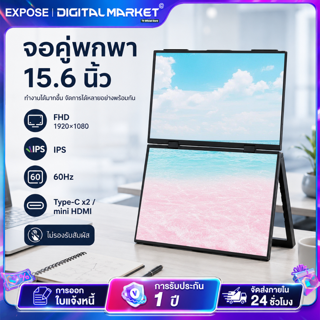 Portable Monitor Dual Screen สำหรับทำงานและเล่นเกม 15.6 นิ้ว แบบบางเบา FHD 1080P IPS รองรับแล็ปท็อปจอคู่บน-ล่าง