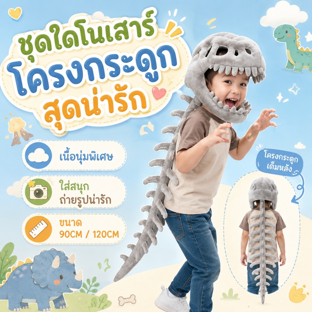 หมวกไดโนเสาร์โครงกระดูก นุ่ม PP 2 ขนาด 90/120cm ใส่ได้ทั้งเด็ก-ผู้ใหญ่ ของขวัญปาร์ตี้สุดปัง!