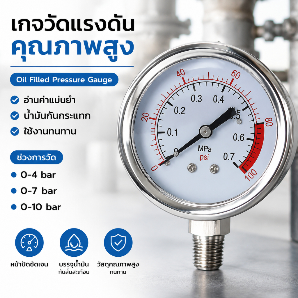 เกจวัดแรงดันคุณภาพสูง Oil Filled Pressure Gauge 0-4 bar 0-7 bar 0-10 bar เกจวัดแรงดันลม อะไหล่เครื่องมือช่าง
