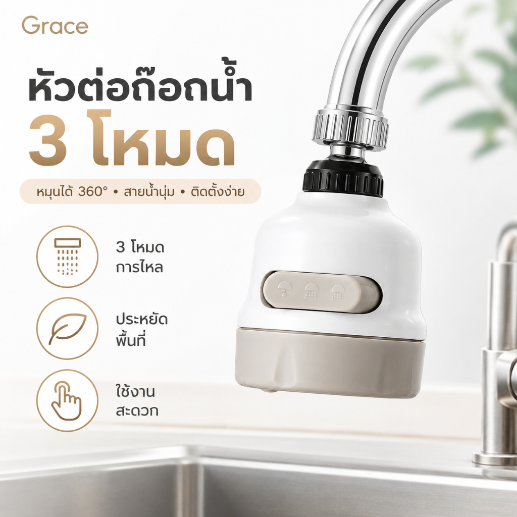 Grace หัวก๊อกน้ำอเนกประสงค์ ปรับระดับน้ำได้ 3 แบบ หมุนได้ 360 องศา