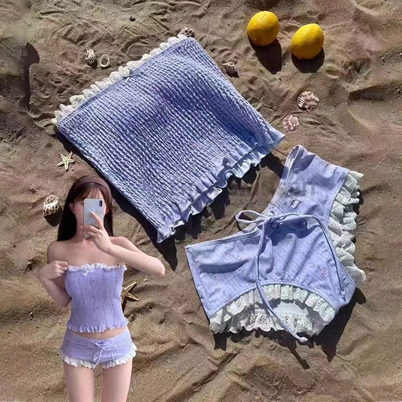 ชุดว่ายน้ำทูพีช ชุดบิกินี่ ไม่มีสายรัด ผ้าลายดอกไม้ มีฟองน้ำ bikini set#1233